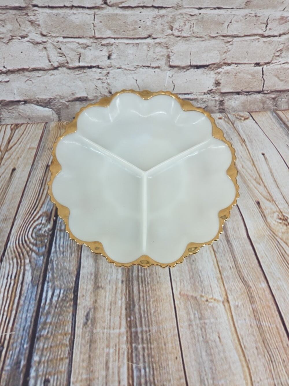 Vintage Anchor Hocking King White Milk Glass Divided Relish Dish with Gold Trim